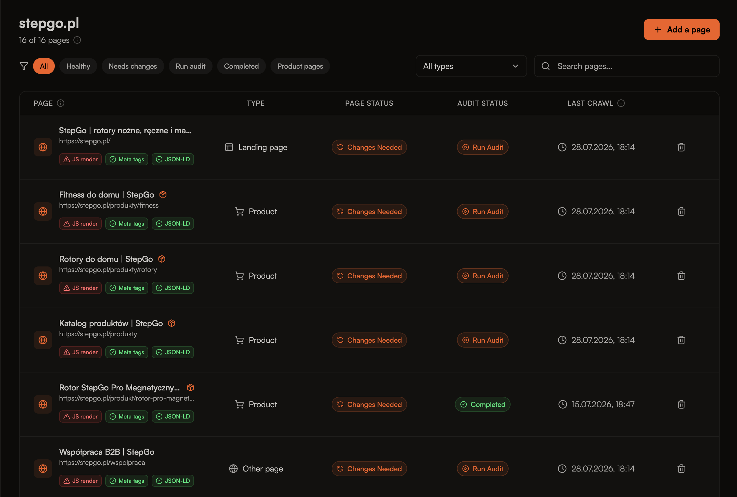 Project Overview listing every page in the project with its detected type and current status