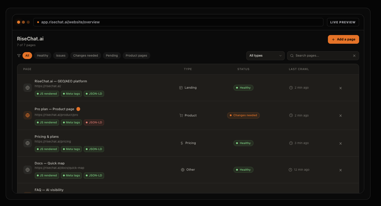 RiseChat project overview with scanned SaaS URLs and health status chips