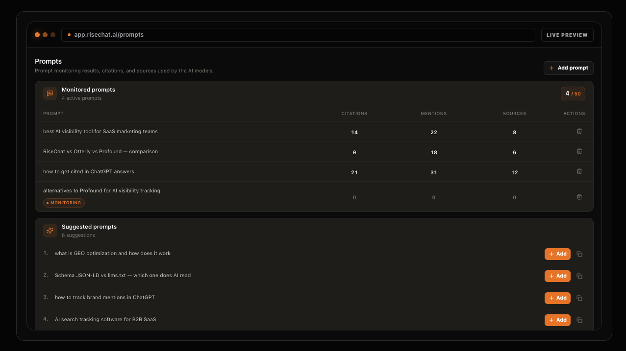 RiseChat prompt monitoring view with citations, mentions, sources, and suggested prompts